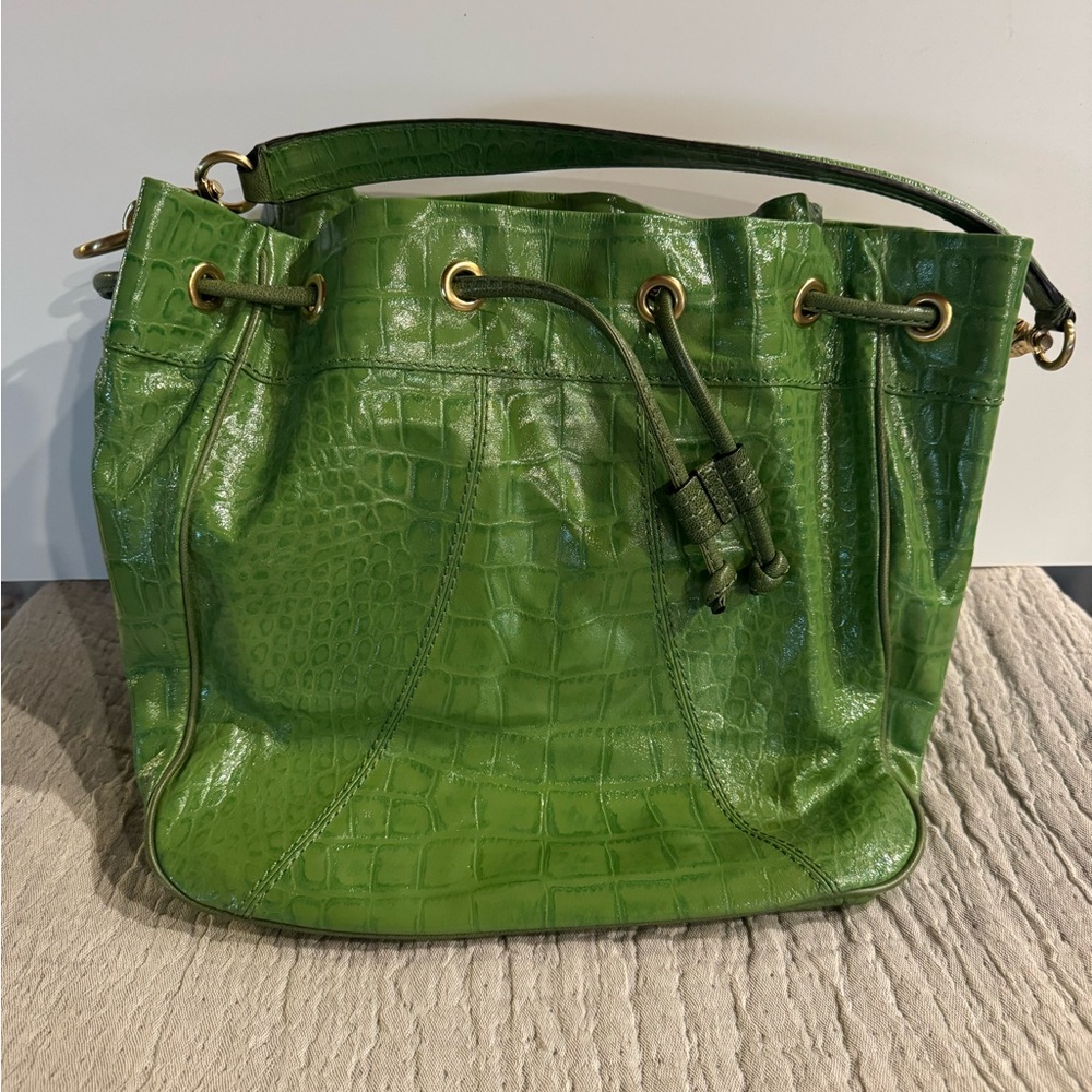 Antonio Melani Green Crocodile-Embossed Leather Bucket Bag